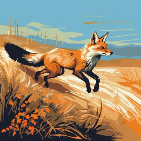red fox running through a vibrant field of flowers, captured in the iconic style of pop art illustrations. this artwork combines elements of traditional landscapes with a unique twist, featuring a dark amber and sky-blue color palette. the earthy tones and stenciled details beautifully depict the fox, blending it seamlessly into the rural landscape. ai generatedの素材
