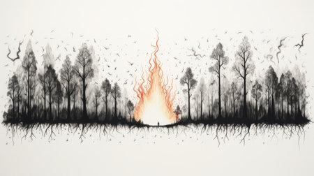 a man's drawing of a night in a forest, featuring trees and burned-charred, life-like avian illustrations. the artwork showcases light in white and red, with conceptual installations and emotional landscapes. the composition includes spiky mounds and flowing silhouettes, creating a captivating and unique visual experience. ai generatedの素材