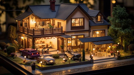 the small white doll house with lights is a captivating photo featuring a photo-realistic landscape. the light black and light amber tones add a touch of warmth to the scene. this 32k uhd image beautifully captures suburban ennui and lively tavern scenes. with its high dynamic range and kintsukuroi-inspired details, this photo is truly mesmerizing. ai generatedの素材