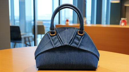 a cute blue handbag with a classic japanese simplicity design is placed on a table. the high-resolution image showcases rounded forms and exaggerated features. the dark indigo color adds to its appeal. this handbag is a creation of women designers and is made from shaped canvas. ai generatedの素材