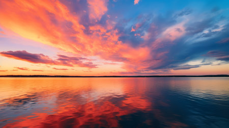 an evening sunset captured in a nature shot, showcasing a breathtaking nature scenery with a serene lake and beautiful clouds. the photo is inspired by the style of light red and turquoise, reminiscent of the works of arkhyp kuindzhi. this national geographic photo features high horizon lines and luminous reflections, all captured in stunning 8k resolution, highlighting the brightly colored elements. ai generatedの素材
