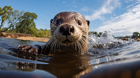 an otter, captured in a fish-eye lens style, swims in the water with a strong facial expression. this characterful animal portrait by mitch griffiths is a joyful celebration of nature, showcasing the beauty of the otter and the stunning views of the suffolk coast. rendered in unreal engine, this photo captures the otter's playful and curious nature. ai generatedの素材
