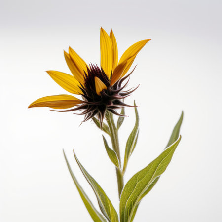 yellow daisy flower in the field, captured in the style of lois greenfield, showcasing sharp perspective angles reminiscent of 16th-century art. the image is ultra-high definition, highlighting the flower's sharp and prickly details. the patinated and oxidized tones create a captivating contrast between light amber and black. ai generatedの素材