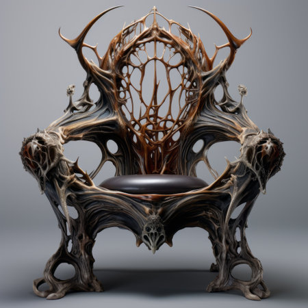 fantasy chair crafted with deer horns, inspired by intricate science fiction illustrations. this dark and intricate piece showcases poured, organic architecture with symmetrical chaos. designed with unreal engine, it boasts hyper-realistic details that bring the chair to life. ai generatedの素材
