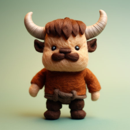 a felt toy cow, rendered in cinema4d, showcases mythical portraiture and anime-inspired character designs. the intricate crosshatched shading adds depth to the manticore-inspired creature. captured with a canon 50mm f095 lens, the naturalistic color palette enhances the overall aesthetic of this unique creation. ai generatedの素材