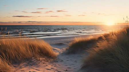 a stunning national geographic photo capturing a beach at sunset, showcasing smooth brushwork and the beautiful landscape inspirations. the danish design style adds a touch of elegance to the scene, while the 8k resolution ensures every detail is crystal clear. the light orange and green hues create a romantic atmosphere, making it a perfect depiction of romantic riverscapes. ai generatedの素材