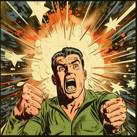a vintage pop art illustration featuring a cowed man adorned with a military armband, stars, and a gun. the artwork showcases vivid energy explosions, raw emotion, and contained chaos. with a color palette of dark green and light bronze, the exaggerated expressions and god rays add to the intensity of the illustration. ai generatedの素材