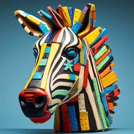 plastic zebra head on a blue background, abstract colorist sculptor style, colorful woodcarvings, hyper-realistic details, color-blocked shapes, sculptural ceramics, photographically detailed portraitures. ai generatedの素材