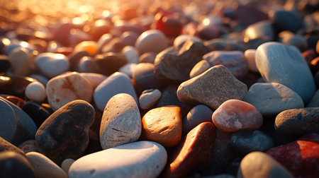 large rocks are scattered on the ground during a breathtaking sunset. this soft-focused, realistic image showcases a palette of light red, light amber, dark aquamarine, and light amber hues. with its uhd quality, the photo captures blink-and-you-miss-it details. this accurate and detailed image is available under a creative commons attribution license. ai generatedの素材