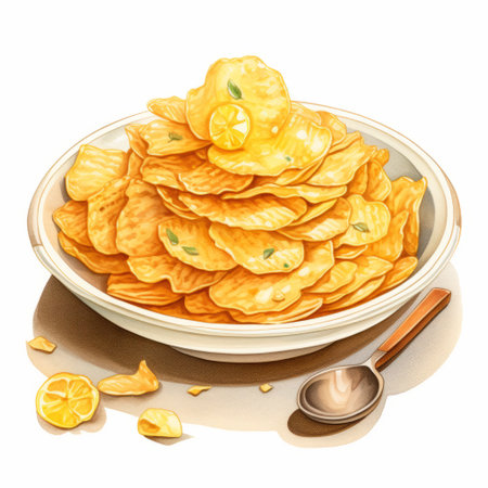 a bowl of chips, depicted in a highly detailed watercolor illustration style. this realistic rendering showcases intricate character illustrations with a frequent use of yellow. the composition appears scattered, with jagged edges adding to the detailed nature of the artwork. ai generatedの素材