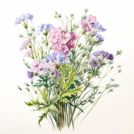 watercolor vintage illustration of pink and blue geranium flowers isolated on white. this meticulously detailed still life captures the essence of nineteenth-century french realism. the style resembles a pastoral landscape, with colorful arrangements of layered fibers. the light violet and light amber hues add a touch of elegance to this stunning artwork. ai generatedの素材