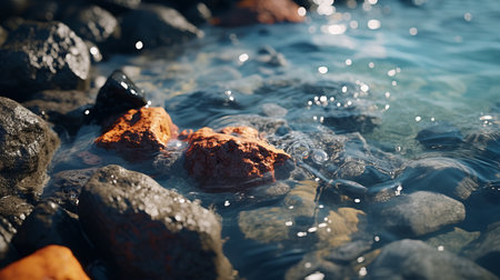 water rushing over rocks with vibrant orange rocks in the foreground. this stunning photo captures the dynamic movement of the water, rendered in the style of unreal engine. the combination of light indigo and red hues adds a captivating touch. the realistic details and hyperrealistic marine life bring the scene to life, while intense shadows create a sense of depth. a mesmerizing close-up that showcasesの素材