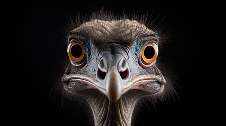 an ostrich with exaggerated expressions stares out into space on a black background. the sun shines through its eyes, creating a captivating effect. this expressive portrait, inspired by the style of bill gekas, showcases the intricate details of the ostrich's features. the close-up shot highlights the microscopic views of the ostrich's expressive face, resembling the unique artistic approach of filip hodas. ai generatedの素材