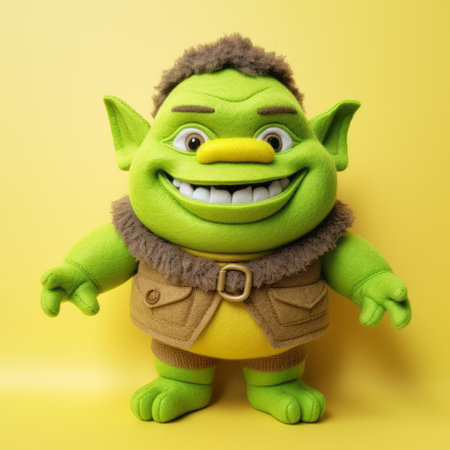 the plush animated toy troll cartoon face image showcases a high-quality, full-body depiction of a goblin academia. with a blend of realism and surrealistic elements, this uhd photo captures the vibrant colors of yellow and green, creating a kombuchapunk aesthetic. ai generatedの素材