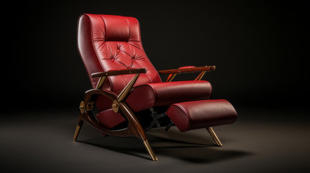 red leather recliner for sale, featuring a full set and a 3d model in the style of mid-century illustration. this photo was captured with a nikon d750 and rendered in unreal engine, showcasing the unique design elements of quantumpunk, sophisticated woodblock, polished metamorphosis, and timeless grace. ai generatedの素材