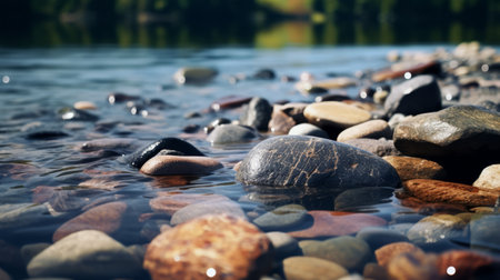 rocks and gravel adorn the bottom of a spacious pond, captured through the lens of a lensbaby composer pro ii with edge 50 optic. this cabincore-inspired photograph showcases a captivating blend of dark amber and silver tones, offering detailed marine views with exacting precision. the saturated colors and understated sophistication make this image truly mesmerizing. ai generatedの素材