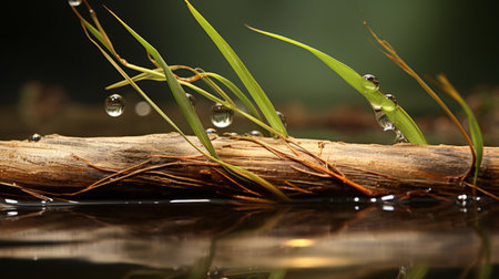 water droplets glisten on the lush green grass, capturing the essence of a realistic still life. the dramatic lighting enhances the beauty of this scene, while the wooden elements add a touch of rustic charm. reflections and mirroring create a mesmerizing effect, showcasing the raw materials in all their glory. shot with ferrania p30 film, this photo showcases twisted branches and employs photo-realistic techniques toの素材