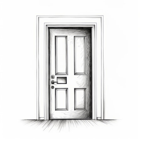 red door drawing on a white background, featuring a moody black and white style with realistic perspective. the sepia tone adds a vintage touch to the minimalistic black and white sketches. this contest-winning artwork by stan berenstain showcases an empty space, evoking a sense of mystery and intrigue. ai generatedの素材