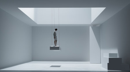 a white elliptical figure is suspended between two white boxes in a 3d illustration for contemporary culture design. the artwork showcases a serene atmospheric perspective and incorporates elements of performance art. the gray color palette, asymmetric balance, and contrast of scale add to the overall aesthetic. the isolated figures create a captivating visual composition. ai generatedの素材