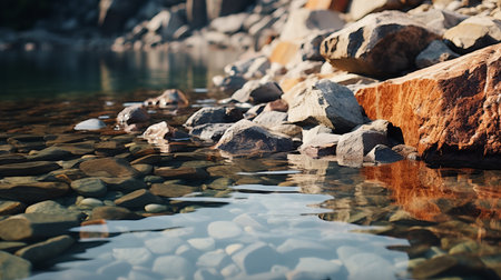 rocks in water: this stunning stock photo captures rocks immersed in water, creating a mesmerizing reflection. rendered in unreal engine, it showcases a soft-focus technique and brushwork exploration. with its 8k resolution, the image presents a juxtaposition of light and shadow, offering realistic detail. the landscape features soft, tonal colors, making it a visually captivating piece. ai generatedの素材