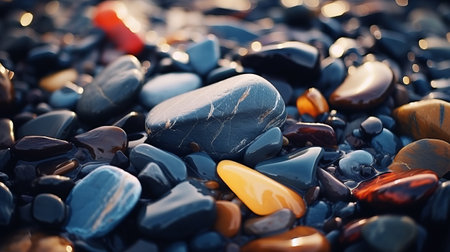 colorful stones and pebbles, ranging in size from large to small, are scattered across the ground. the stones exhibit a vibrant mix of dark indigo and light amber hues, creating a visually striking contrast. this high-resolution image, captured using cryengine technology, showcases the formalist aesthetics of nature-inspired pieces. the smooth lines and contrasting shades of dark black and light aquamarine add depth and visual interestの素材
