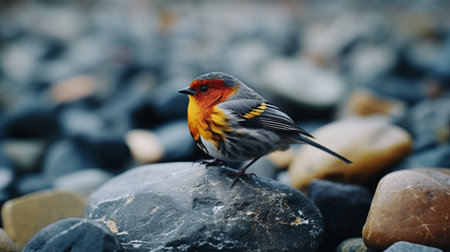 a small bird perched on rocks, showcasing vibrant yellow and red hues in a detailed and realistic style. the image captures the essence of cabincore aesthetics with its dark gray and orange tones. with an impressive 8k resolution, this photo is perfect for social network analysis or as a visual inspiration reminiscent of the northern renaissance. ai generatedの素材