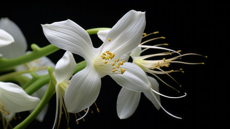 a long stalk of white flowers stands boldly against a black background in this angelic photograph. captured with the zeiss otus 85mm f/1.4 apo planar t lens, the detailed botanical illustrations come to life in stunning 8k resolution. the symmetrical composition exudes a sense of grace and elegance. ai generatedの素材