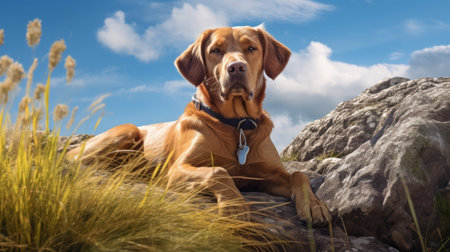 the lego minion, a dog breed known for its good qualities, is captured in a photo inspired by the styles of max rive, norwegian nature, michael creese, photo-realistic landscapes, golden light, mandy disher, and stone. ai generatedの素材