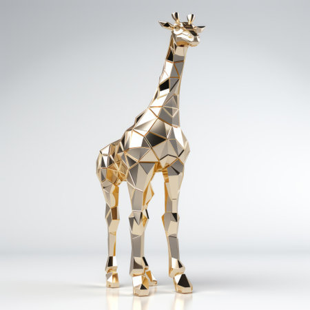 a statue of a giraffe, with faceted shapes and a glossy metallic finish, stands alone on a gray backdrop. the statue showcases intricate joints and connections, highlighting its industrial and product design. captured with kodak gold 200 film, this photograph beautifully captures the hard surface modeling of the giraffe statue. ai generatedの素材