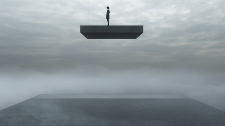 a man hangs over a box in the middle of a cloud, embodying a conceptual minimalist sculpture. the dark and brooding design by sui ishida creates a misty atmosphere, reminiscent of the works of andreas levers and robert irwin. the perspective rendering adds depth and intrigue to this captivating image. ai generatedの素材