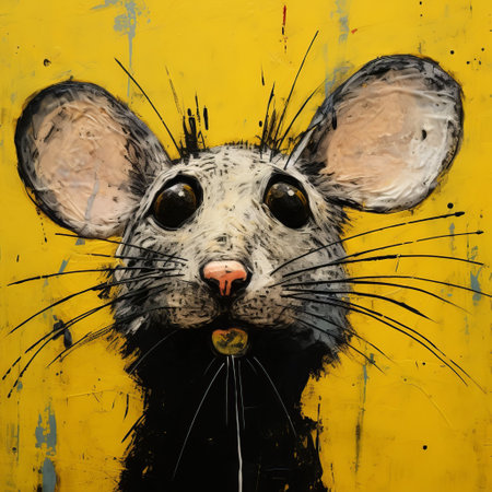a brown mouse with a big open mouth is depicted in this street art abstract painting. the artwork combines elements of realism and expressionism, showcasing a mix of yellow and black colors. the artist's use of mixed-media sculptor techniques adds depth to the hyperrealistic portrayal of the mouse, which features toy-like proportions reminiscent of stencil art. ai generatedの素材