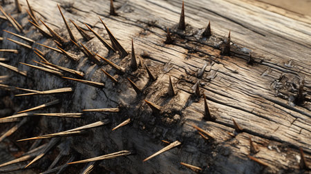 an old wooden stump with spikes protruding from it, rendered in cinema4d, showcases a post-apocalyptic backdrop. this macro perspective photograph captures the intricate details of the stump's sharp and prickly spikes, creating ephemeral patterns against a matte background. ai generatedの素材