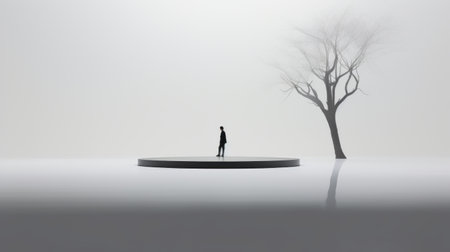 an illiterate man stands on a platform in an empty room, surrounded by minimalist monochromatic landscapes and ethereal trees. the room also features minimalistic metal sculptures in light gray and dark black. this artwork, created by igor zenin, presents the human form in a unique and thought-provoking way, making it a captivating piece of public art. ai generatedの素材
