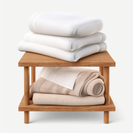 a stack of white towels on a wooden shelf, showcasing the realistic landscapes style with soft, tonal colors. the textured fabrics add depth to the image, while the industrial and product design elements enhance the overall aesthetic. this photograph by andrew hem features a white background, solarizing master technique, and highlights the use of fabric. ai generatedの素材