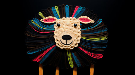 a colorfully wrapped stick horse with wires, in the style of black background, paper cut-outs, furry art, close-up, minimalistic canine sculptures, barbizon school, and lively facial expressions. ai generatedの素材
