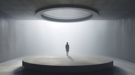 a person stands on a platform, illuminated by the soft light of a large circular dome. this minimalist conceptualism photo captures an ethereal atmosphere and somber mood. the staging is minimalist, resembling a movie still, with a realistic rendering and a touch of mist in the air. ai generatedの素材
