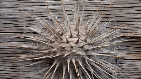 a small plant on the ground, its pointed ends facing towards you, resembling spiky mounds. this surrealistic installation showcases intricate woodwork and concretism. captured in a national geographic photo, the plant's natural fibers add to its unique circular abstraction. ai generatedの素材