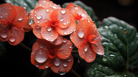 an orange flower with water droplets glistens under the realistic usage of light and color in this japanese photography. the delicate flowers, in shades of dark silver and light red, showcase photo-realistic techniques. the terracotta hues and nature-inspired camouflage add to the captivating beauty of this image. ai generatedの素材