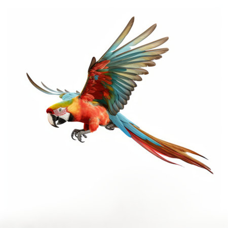 a colorful parrot, resembling a photorealist painter's style, gracefully soars through a pristine white background. this stunning national geographic photo captures the essence of pre-columbian art with its vibrant maroon and aquamarine hues. the parrot's presence evokes the spirit of editorial illustrations, while also appealing to the artistic community on platforms like furaffinity. ai generatedの素材