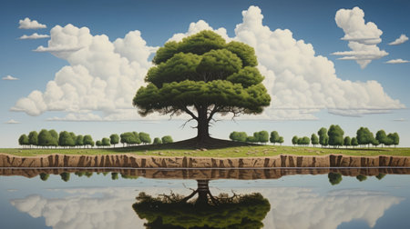 an old tree and water 3d illustration featuring balanced symmetry and optical illusion painting style. this pastoral scene showcases a large canvas size with spiky mounds and limited shading. a captivating image reminiscent of national geographic photos. ai generatedの素材