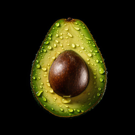 an avocado, with water droplets glistening on its smooth surface, is showcased against a captivating black background. this hyperrealistic composition, reminiscent of national geographic's stunning photography, captures the raw character of the avocado. with its 8k resolution, every intricate detail of this high-resolution image is brought to life. ai generatedの素材