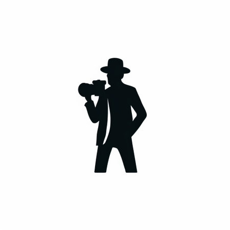 a man in a suit holds a camera in this unique character design photograph. the image features cowboy imagery and silhouette figures, with an illustration style. the photo has a low resolution and was taken with a meyer optik trioplan 100mm f2.8 lens. ai generatedの素材