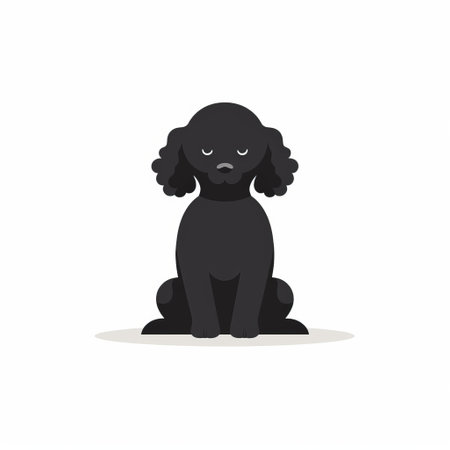 a black dog with a poodlepunk style sits on a minimalist white background. the illustration showcases elegant and emotive faces, with dark and muted colors adding to the emotional sensitivity. the rounded shapes and trapped emotions depicted create a unique and captivating visual. ai generatedの素材