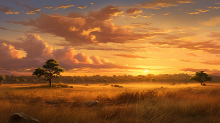 a brown field with tall grass, reminiscent of raphael lacoste's naturalistic animal paintings. the scene is bathed in a warm palette of light orange and amber, creating an ethereal atmosphere. the sky above showcases noah bradley's signature cloudscapes, while the overall composition pays homage to traditional african art. ai generatedの素材