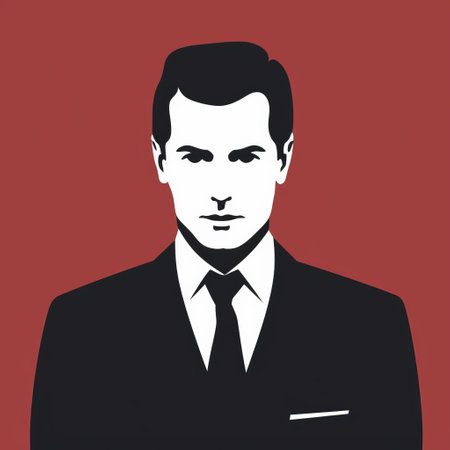 a man silhouette in a suit stands against a vibrant red background, exuding retro charm. the graphic black and white style enhances the serene faces and polished appearance. the image captures the cobra-like intensity of the facial expression, with a focus on the subject's emotions. the overall composition creates a sense of quadratura, adding depth and dimension to the visual. ai generatedの素材