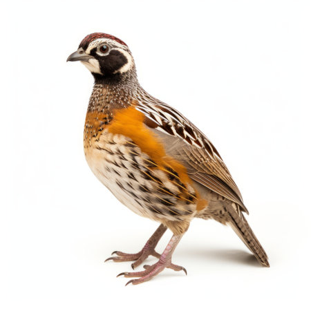 a brown quail stands gracefully on a white background, showcasing a fusion of mexican and american cultures through its vibrant orange and emerald style. the photograph, captured by bill durgin, features mixed patterns and a strong facial expression, capturing a sense of suburban ennui. ai generatedの素材