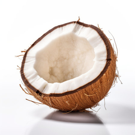 coconut shell on a white background, showcasing subtle humor. this creative commons attribution uhd image is captured using a fisheye lens and focus stacking technique. the composition features a cranberrycore aesthetic, adding a unique touch to the overall visual appeal. ai generatedの素材