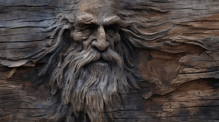 a sculpture of a face carving on the side of a tree, showcasing the influence of old master art styles such as leonardo da vinci and thomas eakins. this fantasy-inspired piece combines elements of post-apocalyptic backdrops and monumental murals. the focus on materials and intricate character design adds depth and detail to the sculpture. ai generatedの素材