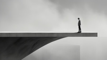 an empty space featuring a person standing on the edge of a cliff, showcasing monochromatic graphic design inspired by die brucke movement. the composition reflects the influences of bjarke ingels, nathan wirth, and hyperrealistic details. the blown-off-roof perspective adds depth, while the freeform minimalism creates a captivating visual experience. ai generatedの素材