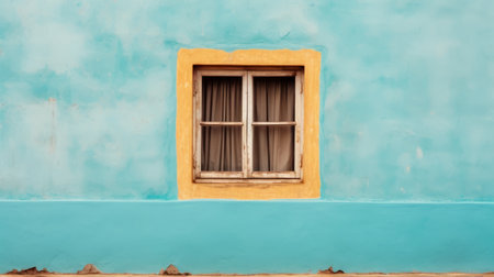 a small window on painted blue and yellow walls of the town of coimbra, showcasing a minimalist background in light turquoise and bronze. the use of fabric adds a traditional mexican style to this rustic and simple scene. this national geographic photo captures the essence of coimbra's charm. ai generatedの素材